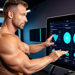 A professional male fitness trainer, mid-30s, confidently points to a tablet displaying detailed biometric data (HRV, sleep patterns, stress index) from wearable devices to an engaged female client, mid-20s to 30s. The client looks impressed. In the background, subtle holographic interfaces show AI-driven analytics, connecting data points to personalized exercise and recovery recommendations. The setting is a clean, modern fitness studio with warm, ambient lighting. Emphasize data interpretation, trust, and advanced personalized coaching. Realistic, high-tech, professional.
