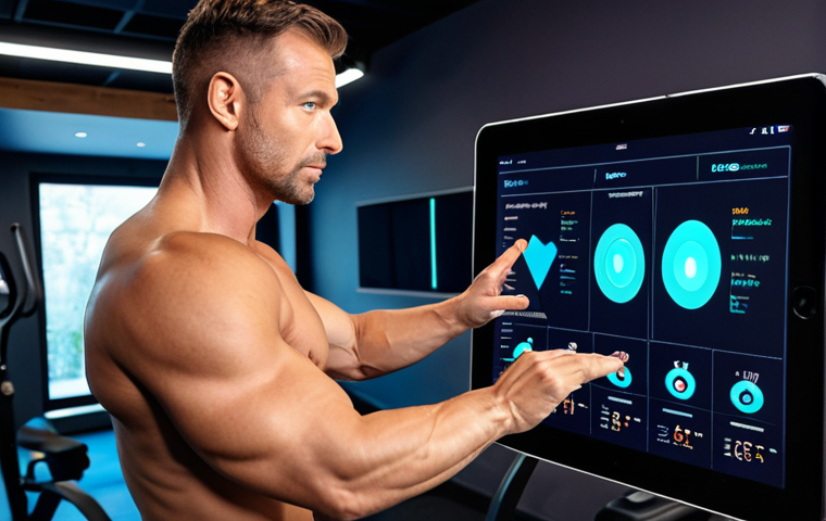 A professional male fitness trainer, mid-30s, confidently points to a tablet displaying detailed biometric data (HRV, sleep patterns, stress index) from wearable devices to an engaged female client, mid-20s to 30s. The client looks impressed. In the background, subtle holographic interfaces show AI-driven analytics, connecting data points to personalized exercise and recovery recommendations. The setting is a clean, modern fitness studio with warm, ambient lighting. Emphasize data interpretation, trust, and advanced personalized coaching. Realistic, high-tech, professional.